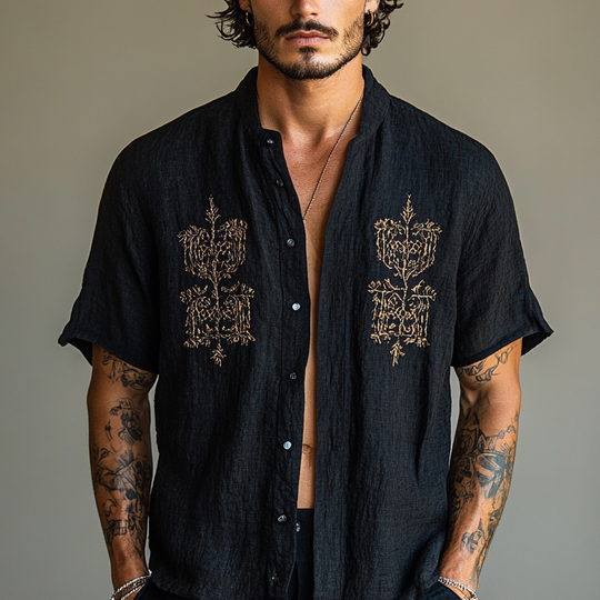 Men's Ethnic Style Embroidered Round Neck Short Sleeve Cotton And Linen Shirt 9953679016120