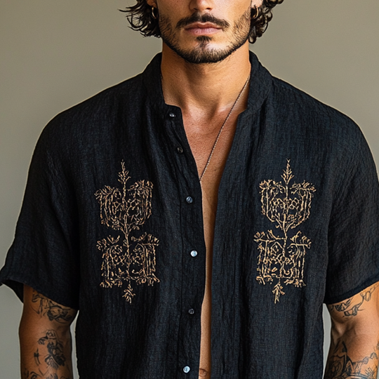 Men's Ethnic Style Embroidered Round Neck Short Sleeve Cotton And Linen Shirt 9953679016120