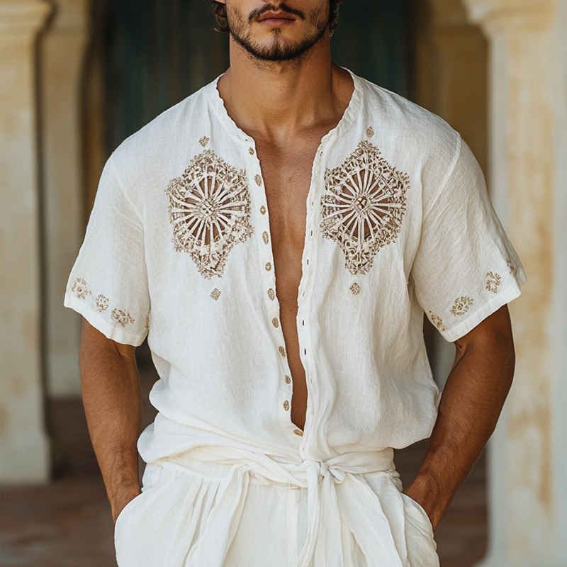 Men's Ethnic Style Hollow Stitching Short Sleeve Single Breasted Shirt 9953677377720