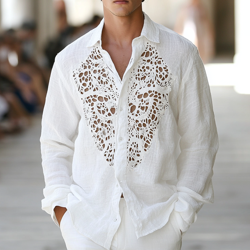 Men's Hollow Lace Stitching Lapel Long Sleeve Cotton And Linen Shirt 9953679212728