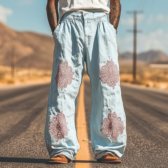 Men's Spring and Summer Fashion Casual Western Style Tencel Denim Embroidered Pants 9954876293304