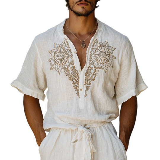 Men's Ethnic Style Embroidered Henley Collar Short Sleeve Cotton And Linen Shirt 9953677050040