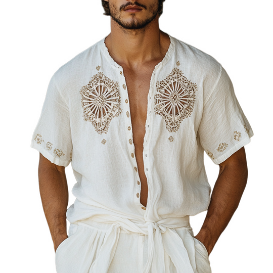 Men's Ethnic Style Hollow Stitching Short Sleeve Single Breasted Shirt 9953677377720