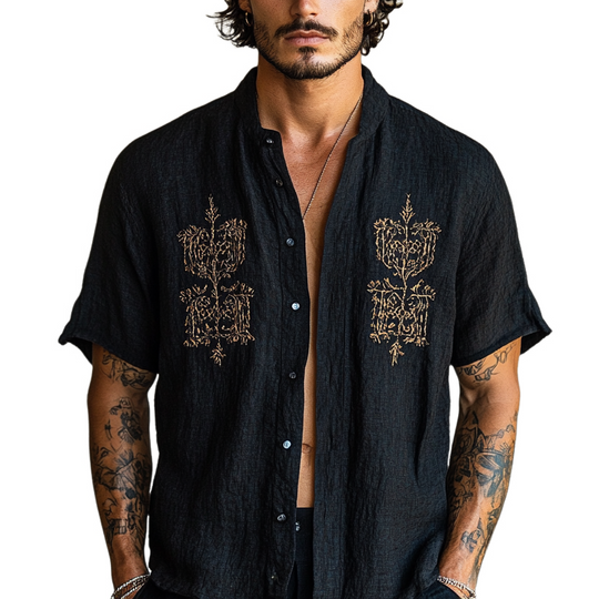 Men's Ethnic Style Embroidered Round Neck Short Sleeve Cotton And Linen Shirt 9953679016120