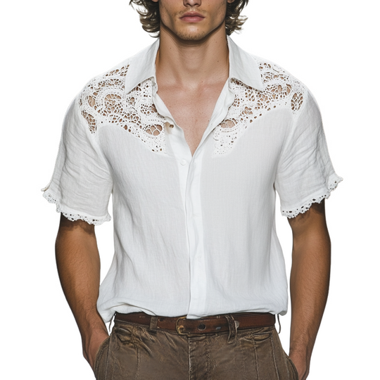 Men's Ethnic Style Lace Stitching Lapel Short Sleeve Shirt 9953678721208