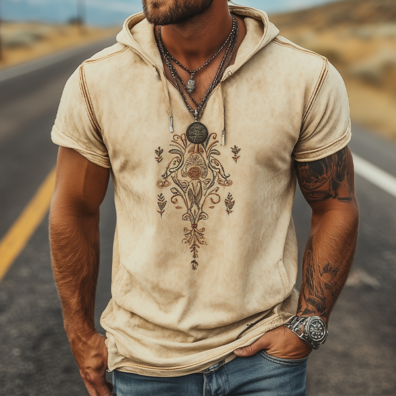 Men's Summer Fashion Retro Western Style Hooded Pocket Suede Embroidered Short Sleeve T-Shirt 9954876391608