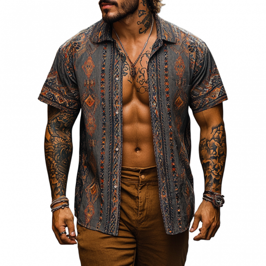 Men's Retro Bohemian Print Lapel Loose Short Sleeve Shirt 9953664827576