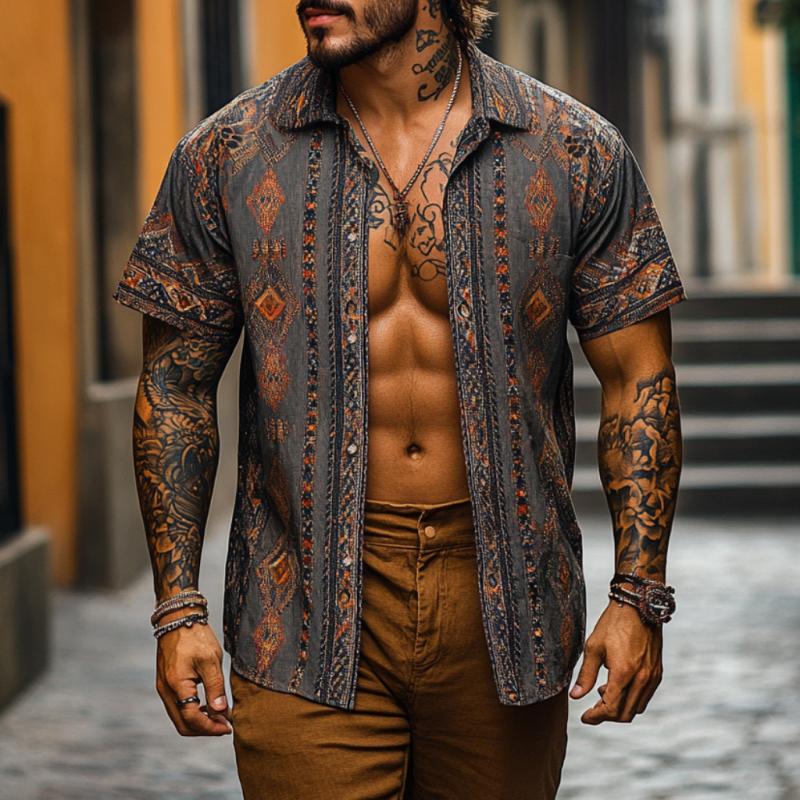 Men's Retro Bohemian Print Lapel Loose Short Sleeve Shirt 9953664827576
