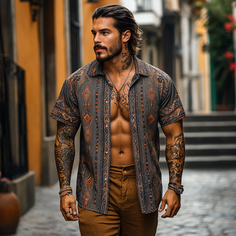 Men's Retro Bohemian Print Lapel Loose Short Sleeve Shirt 9953664827576