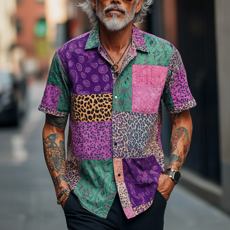 Men's Retro Contrast Graphic Print Lapel Loose Short Sleeve Shirt 9953665810616