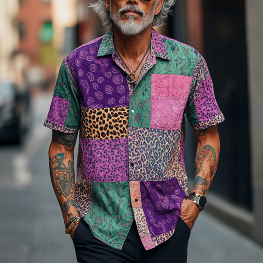 Men's Retro Contrast Graphic Print Lapel Loose Short Sleeve Shirt 9953665810616