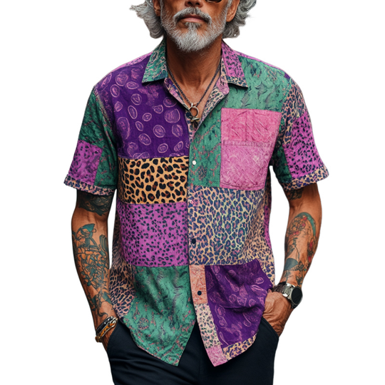Men's Retro Contrast Graphic Print Lapel Loose Short Sleeve Shirt 9953665810616