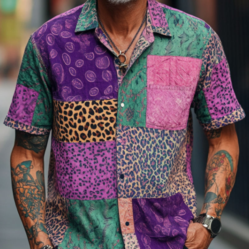 Men's Retro Contrast Graphic Print Lapel Loose Short Sleeve Shirt 9953665810616