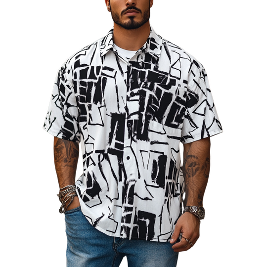 Men's Fashion Geometric Print Lapel Loose Short Sleeve Shirt 9953666203832