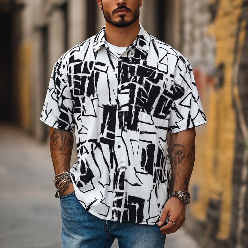 Men's Fashion Geometric Print Lapel Loose Short Sleeve Shirt 9953666203832