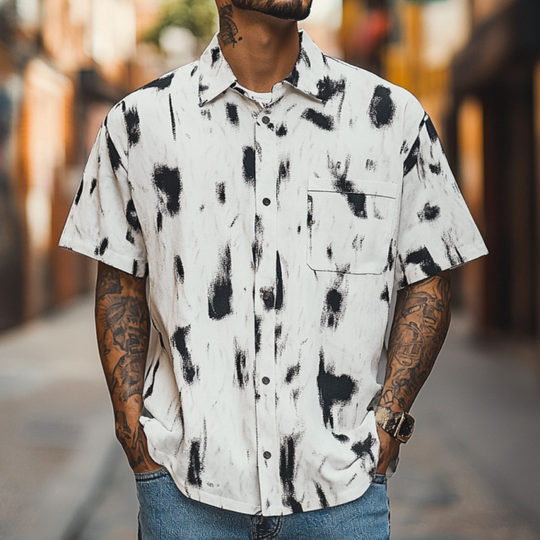 Men's Fashion Printed Breathable Lapel Loose Short Sleeve Shirt 9953666400440