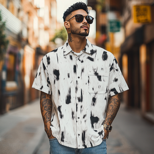 Men's Fashion Printed Breathable Lapel Loose Short Sleeve Shirt 9953666400440
