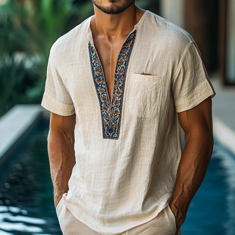 Men's Retro Casual Printed Linen Pocket Collarless Short Sleeve Shirt 9954876358840