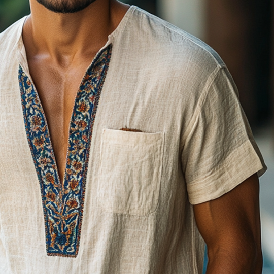 Men's Retro Casual Printed Linen Pocket Collarless Short Sleeve Shirt 9954876358840