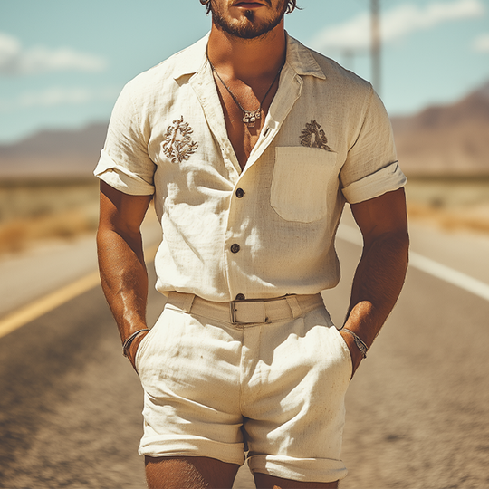Men's Summer Fashion Casual Western Style Cotton and Linen Embroidered Shirt Shorts Set (Without Belt) 9954876457144