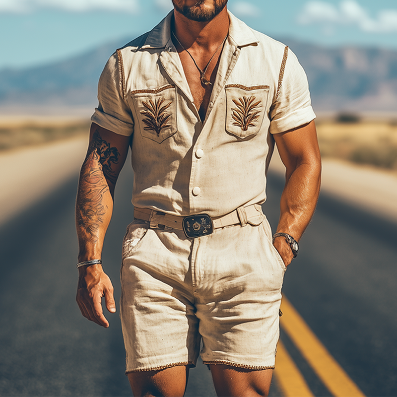 Men's Summer Fashion Casual Retro Western Style Cotton and Linen Pocket Embroidery Jumpsuit (Without Belt) 9954876555448