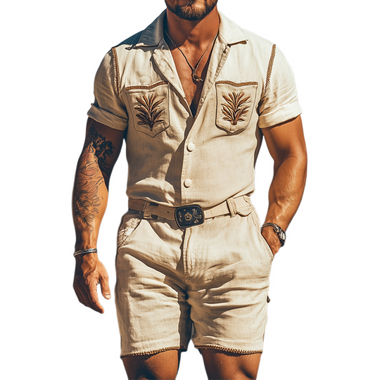 Men's Summer Fashion Casual Retro Western Style Cotton and Linen Pocket Embroidery Jumpsuit (Without Belt) 9954876555448