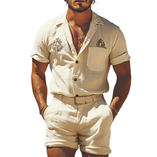 Men's Summer Fashion Casual Western Style Cotton and Linen Embroidered Shirt Shorts Set (Without Belt) 9954876457144