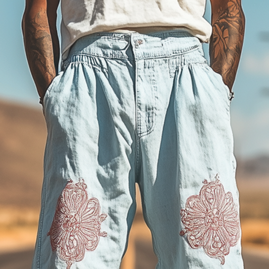 Men's Spring and Summer Fashion Casual Western Style Tencel Denim Embroidered Pants 9954876293304