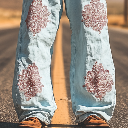 Men's Spring and Summer Fashion Casual Western Style Tencel Denim Embroidered Pants 9954876293304