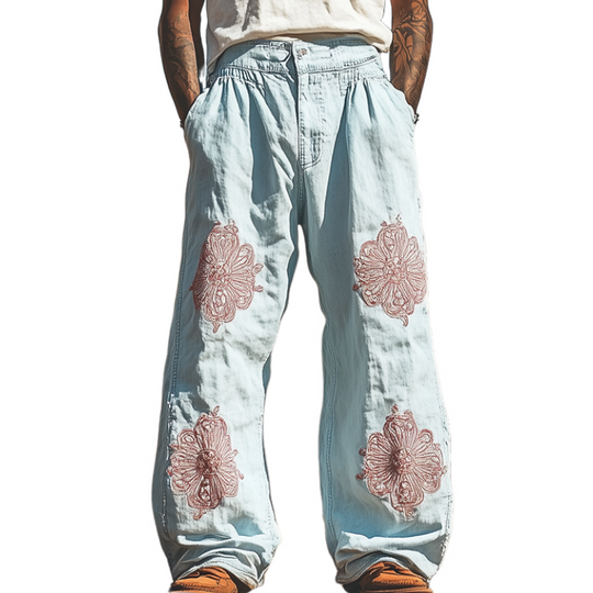 Men's Spring and Summer Fashion Casual Western Style Tencel Denim Embroidered Pants 9954876293304