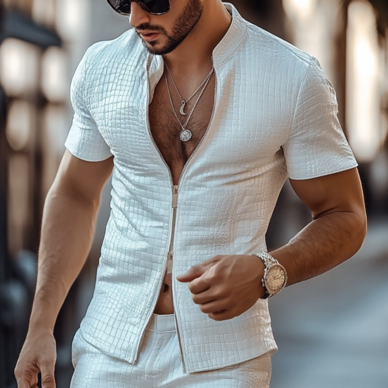 Men's Fashion Crocodile Pattern Faux Leather Stand Collar Slim Fit Short Sleeve Shirt 9954875539640