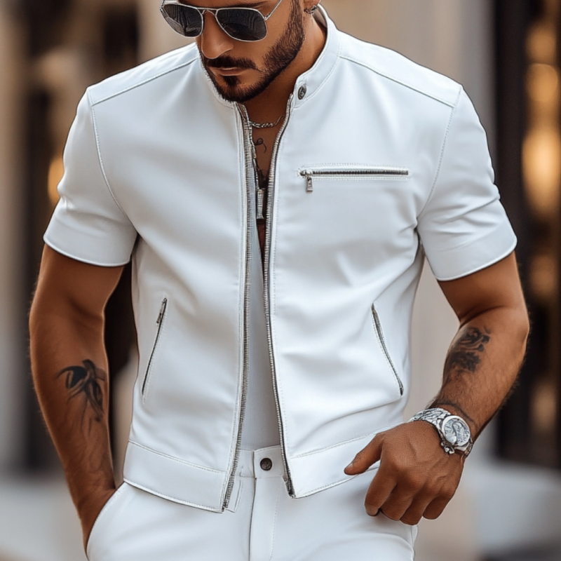 Men's Fashion Faux Leather Stand Collar Slim Fit Multi-Pocket Short Sleeve Shirt 9954876162232