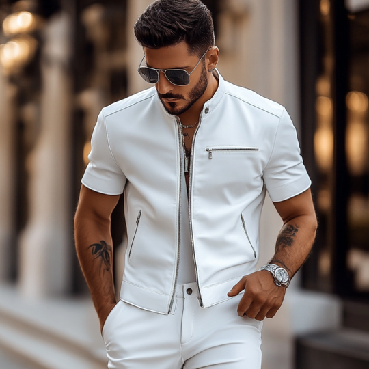 Men's Fashion Faux Leather Stand Collar Slim Fit Multi-Pocket Short Sleeve Shirt 9954876162232