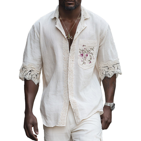 Men's Summer Fashion Retro Embroidered Lace Splicing Short Sleeve Shirt 9954874785976