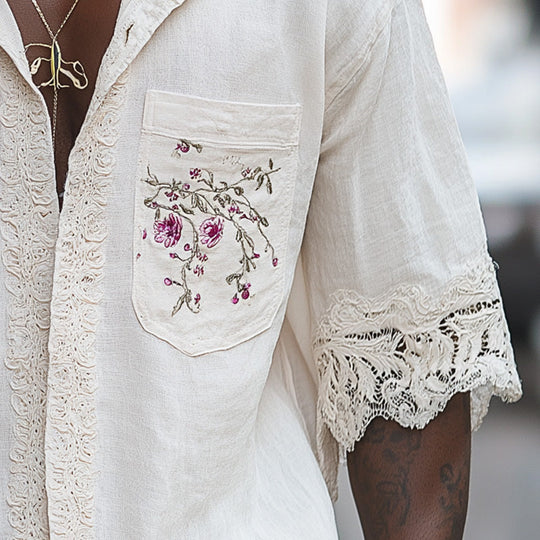 Men's Summer Fashion Retro Embroidered Lace Splicing Short Sleeve Shirt 9954874785976