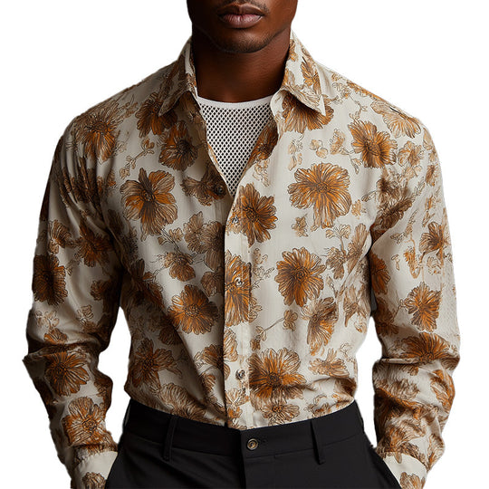 Men's Summer Fashion Retro Cotton and Linen Printed Long Sleeve Shirt 9954875146424