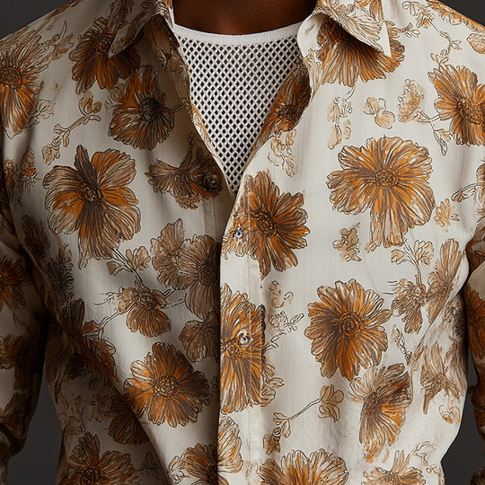 Men's Summer Fashion Retro Cotton and Linen Printed Long Sleeve Shirt 9954875146424