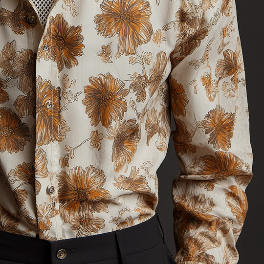 Men's Summer Fashion Retro Cotton and Linen Printed Long Sleeve Shirt 9954875146424