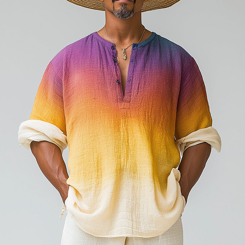 Men's Summer Fashion Cotton and Linen Printed Gradient Long Sleeve T-shirt 9954875441336
