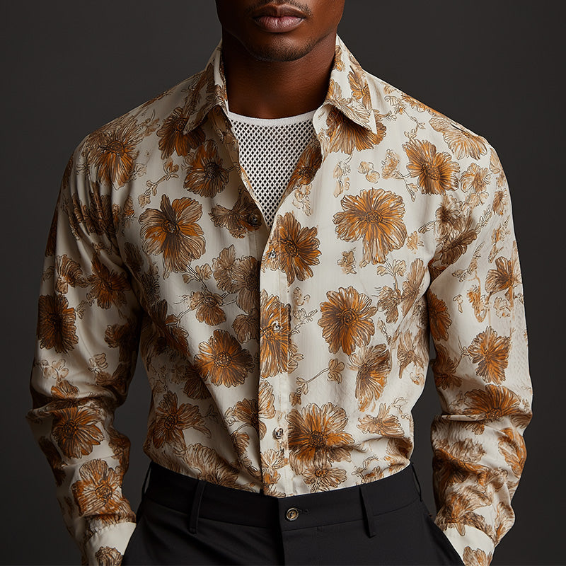 Men's Summer Fashion Retro Cotton and Linen Printed Long Sleeve Shirt 9954875146424