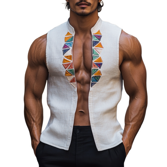 Men's Casual Linen Stand Collar Colorful Triangle Embroidery Sleeveless Shirt DTT25061117