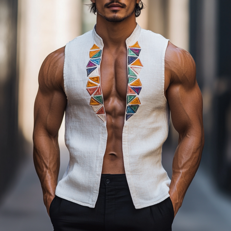 Men's Casual Linen Stand Collar Colorful Triangle Embroidery Sleeveless Shirt DTT25061117