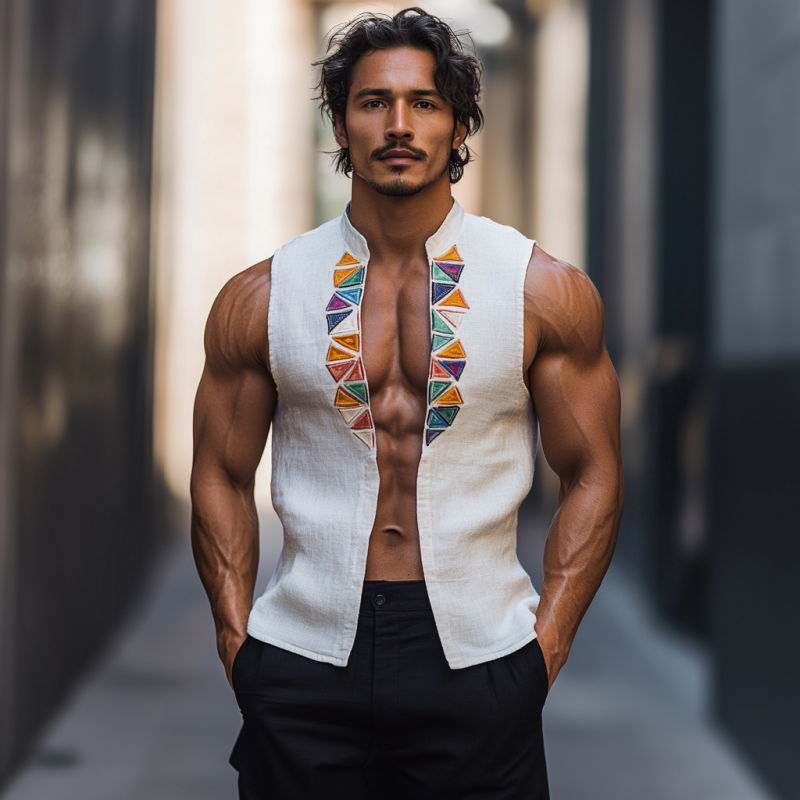 Men's Casual Linen Stand Collar Colorful Triangle Embroidery Sleeveless Shirt DTT25061117