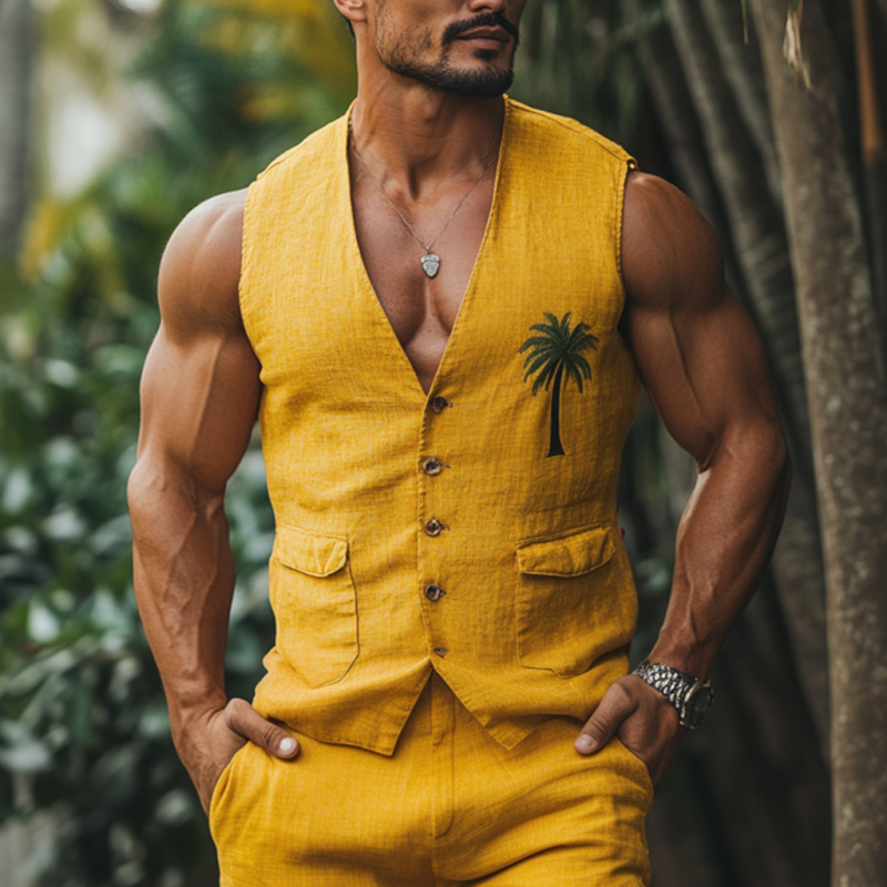 Men's Casual Palm Tree Embroidery Linen V-Neck Single Breasted Slim Fit Suit Vest DTT25061120