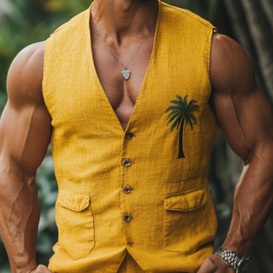 Men's Casual Palm Tree Embroidery Linen V-Neck Single Breasted Slim Fit Suit Vest DTT25061120