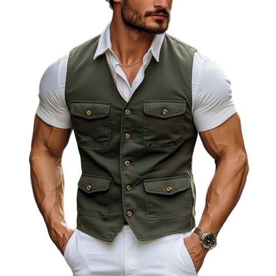 Men's Casual Cotton V-neck Single-breasted Multi-pocket Slim Fit Workwear Vest DTT25061119