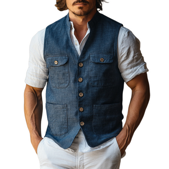 Men's Casual Linen Stand Collar Single-Breasted Multi-Pocket Work Vest DTT25061118