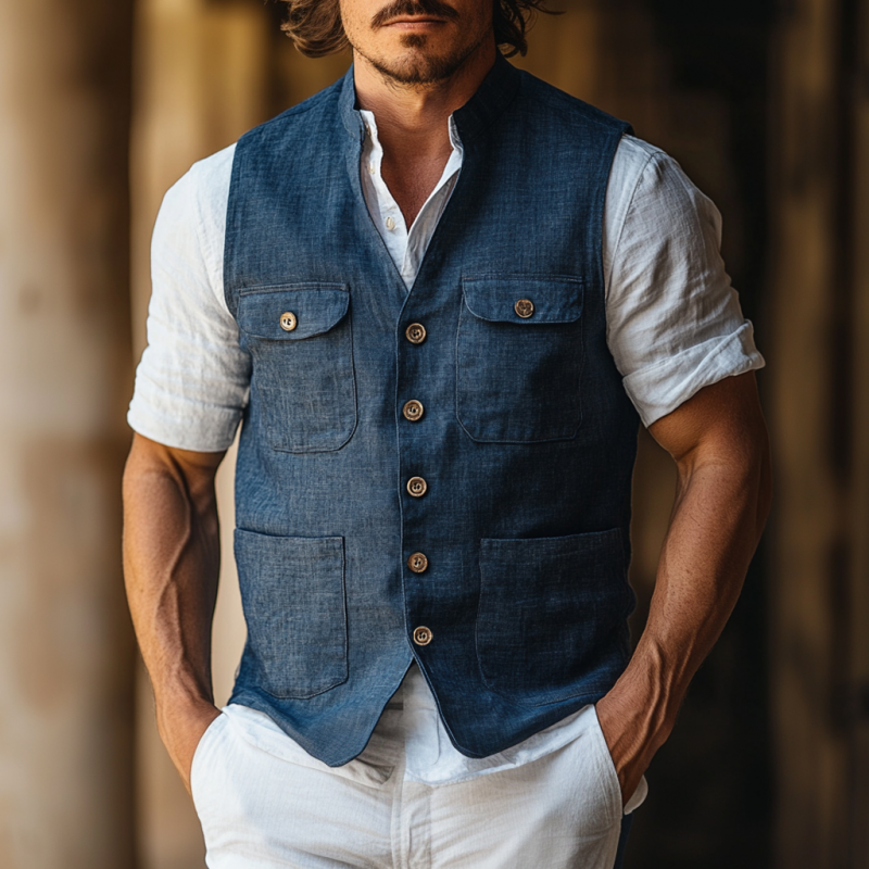 Men's Casual Linen Stand Collar Single-Breasted Multi-Pocket Work Vest DTT25061118