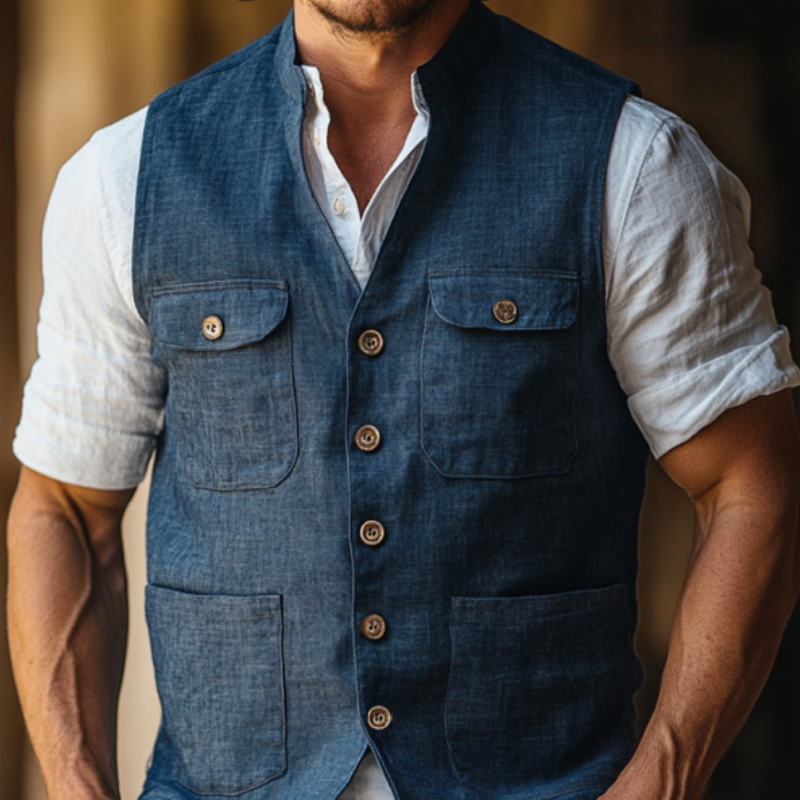 Men's Casual Linen Stand Collar Single-Breasted Multi-Pocket Work Vest DTT25061118