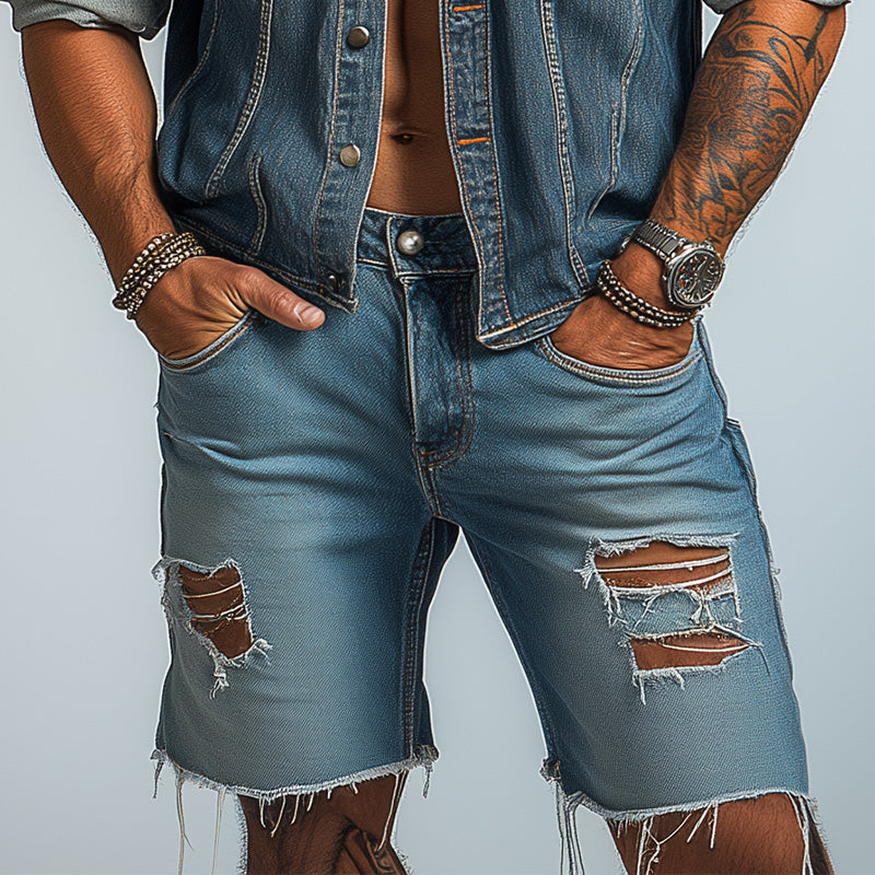 Men's Summer Fashion Brushed Ripped Denim Shorts DTT25060920